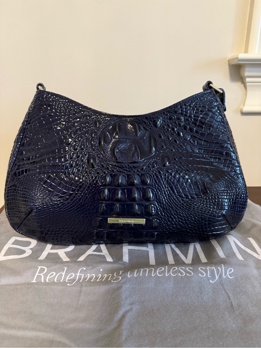 Brahmin Shayna Navy Croc-Embossed Leather Hobo Shoulder Bag